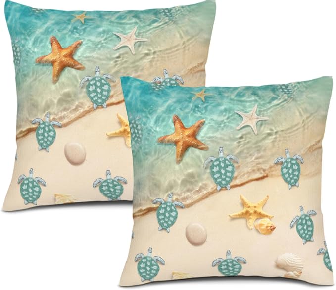 Sea Turtles Beach Throw Pillow Covers Set of 2, Teal Nautical Decorative Pillow Cases, Nautical Teal Living Room Decor, Cute Outdoor Cushion Covers for Sofa Bed Couch Chair 18x18