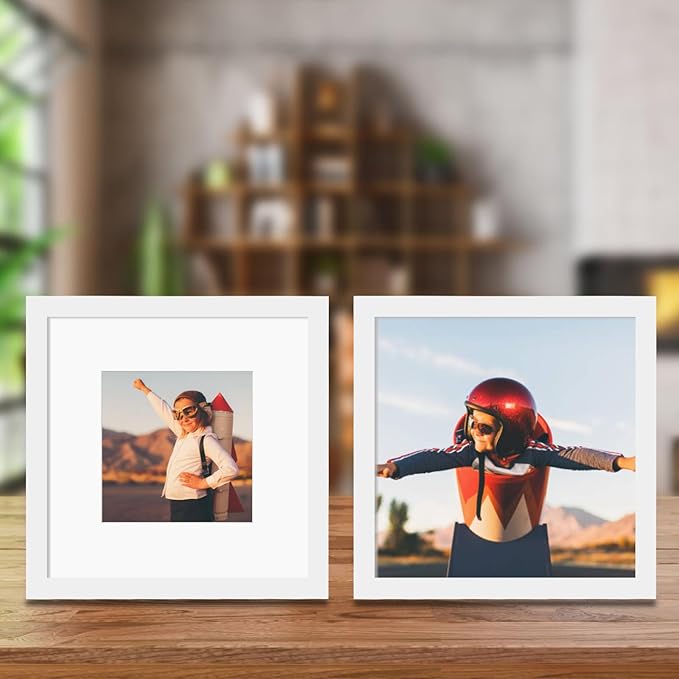 12x12 Picture Frame Set of 9, Display Pictures 8x8 with Mat or 12x12 without Mat, Multi Collage Gallery Square Photo Frames for Wall or Tabletop, White
