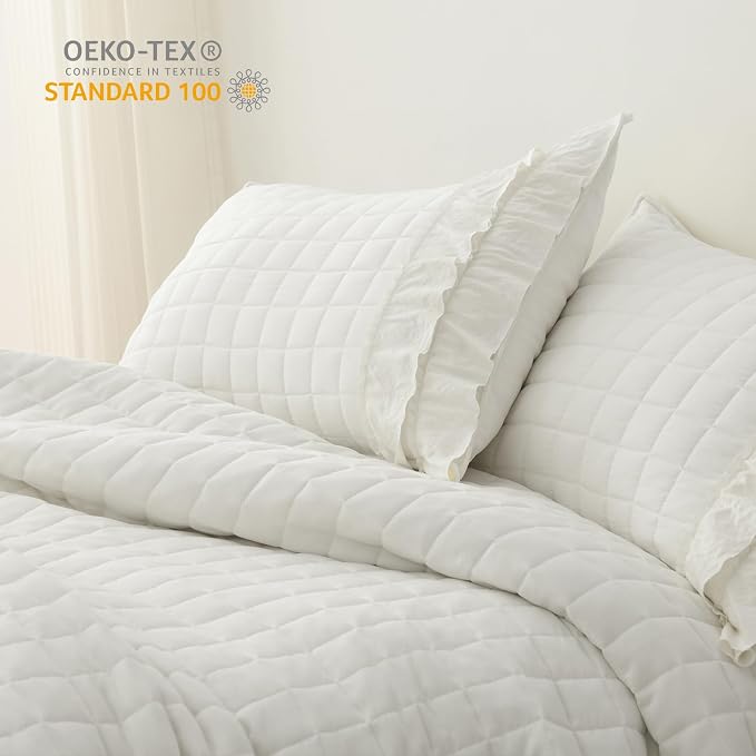 HORIMOTE HOME Ivory Ruffled Quilt Set Twin Size, Classic Geometric Square Stitched Pattern, Pre-Washed Farmhouse Shabby Chic Microfiber Lightweight Bedding Set Bedspread Coverlet for All Season