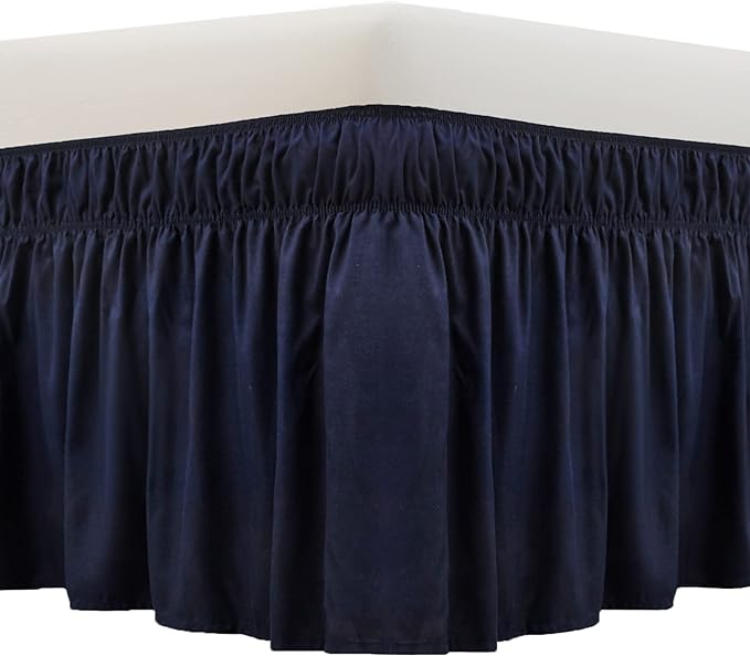 MEILA Wrap Around Elastic Bed Skirt for Queen & King Beds, 14" Drop,Navy | Three-Side Adjustable Elastic Dust Ruffle, Ruffled Polyester Fabric, Easy to Install, Fade Resistant & Machine Washable