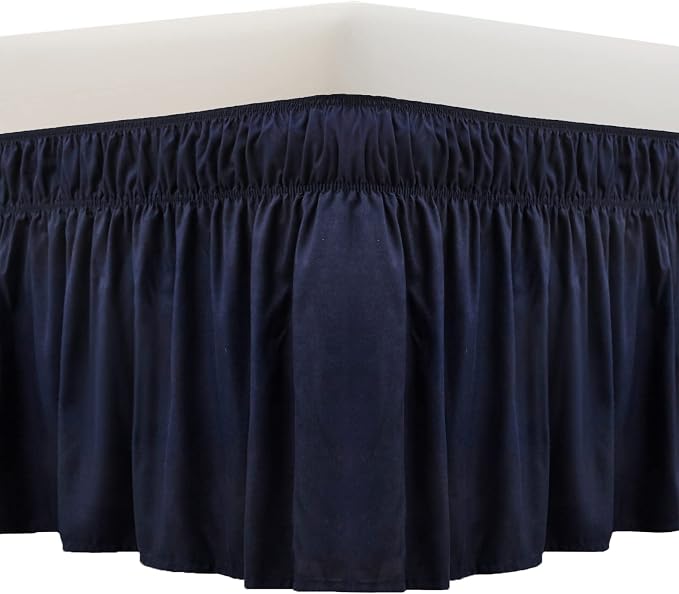 MEILA Wrap Around Elastic Bed Skirt for Queen & King Beds, 24" Drop,Navy | Three-Side Adjustable Elastic Dust Ruffle, Ruffled Polyester Fabric, Easy to Install, Fade Resistant & Machine Washable