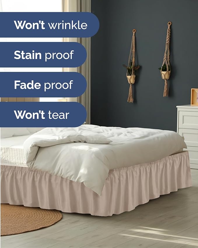Wrap Around Dust Ruffle Bed Skirt, King Size Beds - 12 Inch Drop, Wheat | Easy Fit Elastic Strap, Adjustable Pleated Bedskirt w/Brushed Fabric, Wrinkle & Fade Free, for Women, Men, Kids & Teens