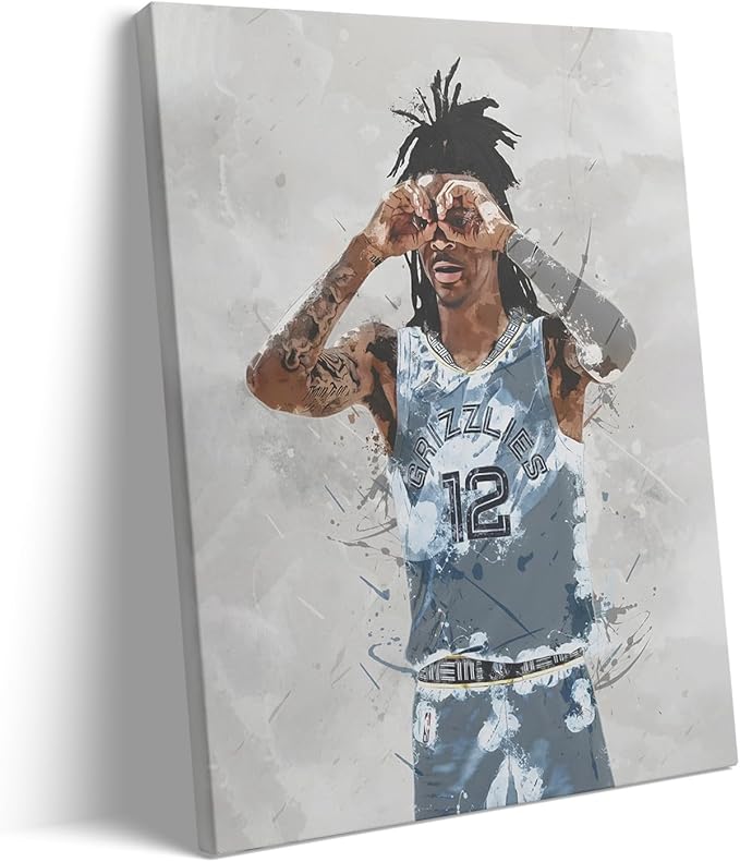 Ja Morant Basketball Canvas Wall Art, Sports Player Poster, 12x16 Inch | Abstract splash ink athletic artwork, motivational sports wall decor for teen boys room, bedroom, living room, gym or office