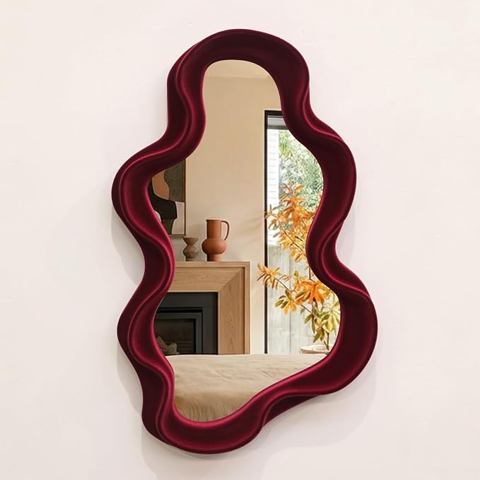 Small Wall Mirror Decor for Hallway Home Office Fireplace,Wine Red | 16x10",Soft Flocking Touch,Cute Wavy Decorative Hanging Mirror for Nursery Room Apartment Living Room Modern Home Decoration