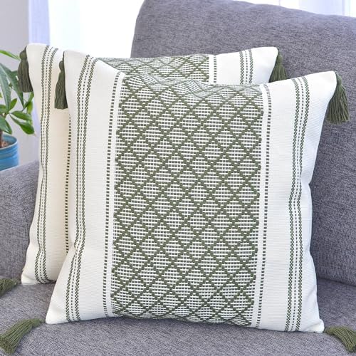 Geometric Boho Throw Pillow Covers with Tassels Olive Green, 18x18 inch - Pack of 2 / DesignerCushion Covers for Indoor Outdoor Sofa, Bed/Decorative Farmhouse Accent Cotton Woven Pillow Cases