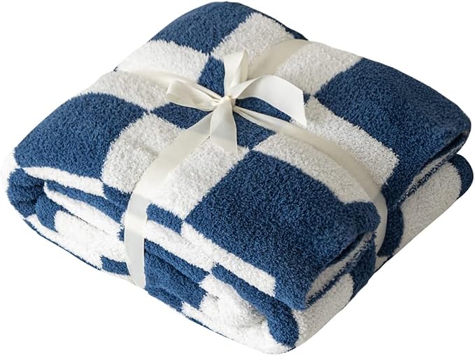 Ultra Soft Cozy Buffalo Checkerboard Grid Fluffy Microfiber Knitted Queen Blanket Super Soft Cozy Lightweight Fleece Checkered Bed Blanket for Sofa Couch Bed Travel (Navy, Queen：90"X90")