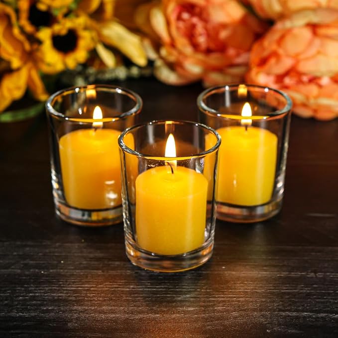 Set of 12 Richland Votive Candles Yellow Unscented and 12 Clear Glass Eastland Votive Holders