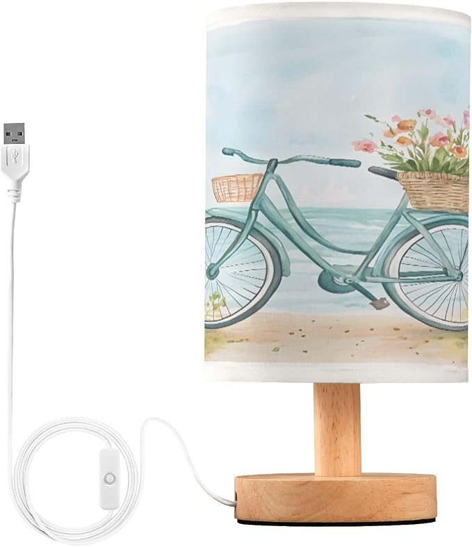 Bedside Lamp Bike Bicycle Flower Coast Table Lamp for Bedroom LED Nightstand Lamp Shade USB Ports Wood Base for Living Room Dorm Office