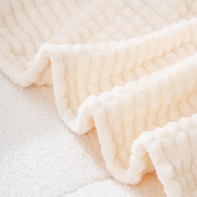 Puncuntex Fleece Throw Blanket Cream White 50"×60" with Square Grid Design | Super Soft Plush Cozy Flannel Throw Blanket Luxury for Couch Sofa Chair