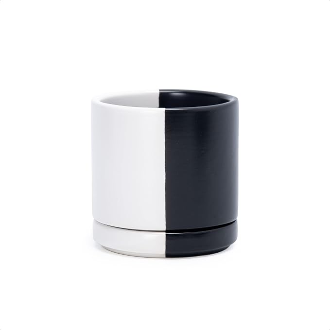 D'vine Dev 3.5 Inch Ceramic Planter Pot, Black White Split, 94-O-A-0 | Modern Cylinder Design, Drainage Hole & Saucer Included, Stable Structure, Elegant Home Accent
