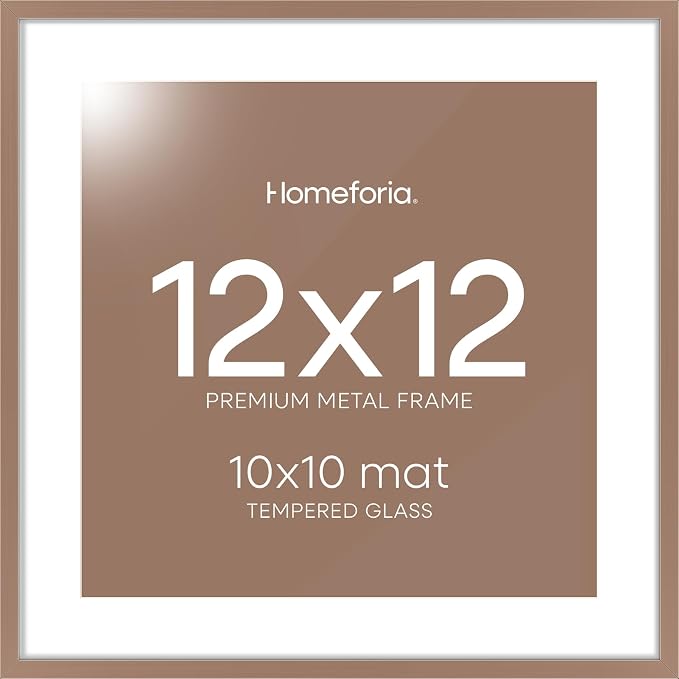Homeforia 12x12 Mocha Picture Frame, High-End Metal, 10x10 Mat, Glass