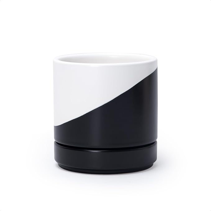 D'vine Dev 4.7 Inch Ceramic Planter Pot, Black White Diagonal, 94-O-B-K | Modern Cylinder Design, Drainage Hole & Saucer Included, Stable Structure, Elegant Home Accent