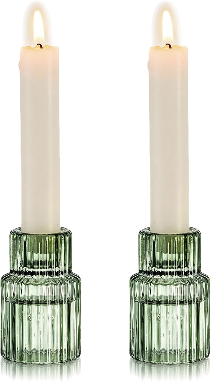 Hewory Taper Candle Holders Bulk, 2PCS Green Glass Candlestick Holders | For 0.86" Taper Candles, Ribbed, Vintage Candle Sticks Holder Decor, Wedding Table Centerpiece Bridal Showers Christmas Home