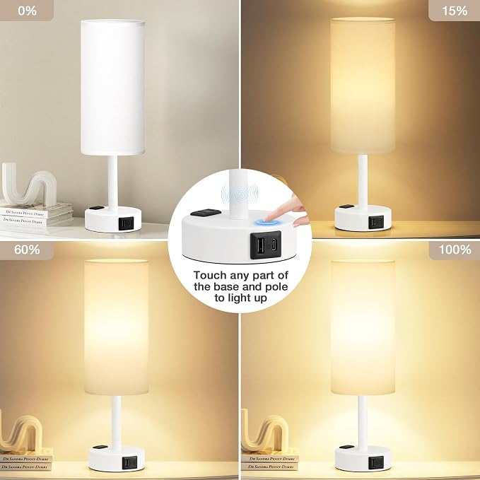 Fenmzee White Bedside Lamp for Bedroom, Dimmable Touch, USB A+C, AC Outlet
