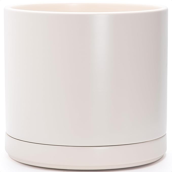 D'vine Dev 16 Inch Ceramic Planter Pot, Oatmeal, 94-O-H-8 | Modern Cylinder Design, Drainage Hole & Saucer Included, Stable Structure, Elegant Home Accent