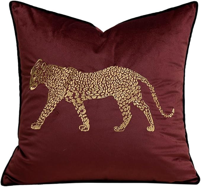 vctops Soft Velvet Embroidery Square Decorative Throw Pillow Covers Leopard Pattern Cushion Case for Sofa Bedroom Couch (Wine Red,18"x18")