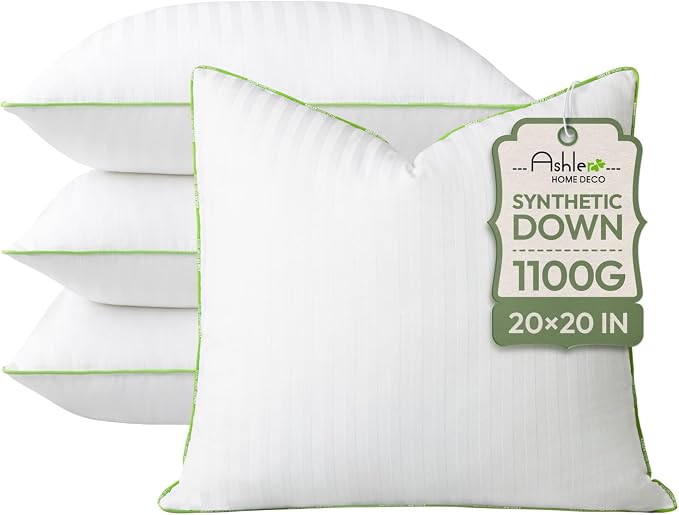 Ashler Synthetic Down Pillow Inserts,20x20,Set of 4 | Down Alternative Throw Pillows Insert, Square Pillows, 100% Cotton Cover, Fluffy Cushion Sham Stuffer for Couch
