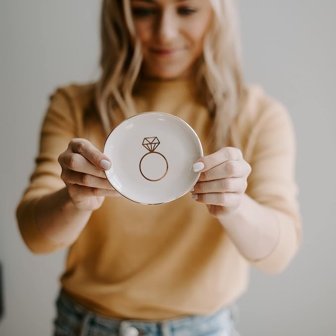 Sweet Water Decor Ring Jewelry Dish Tray | Great for Her Engagement Engaged Ring Dish Holder Bride Ring Holder Gold Ceramic Trinket Tray Wedding Accessories