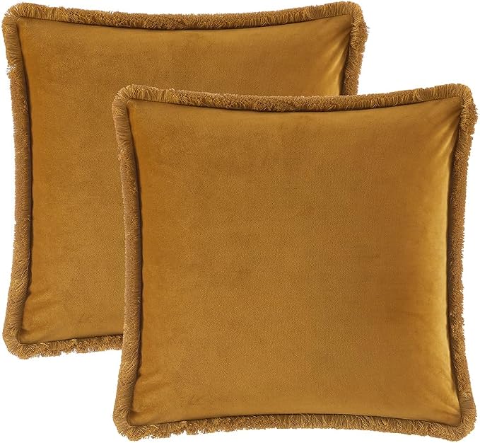 JUSPURBET Pack of 2 Mustard Yellow Decorative Fringe Velvet Throw Pillow Covers 24x24 for Home Decor Living Room Bedroom Car Boho Soft Cushion Cover with Hidden Zipper Machine Washable