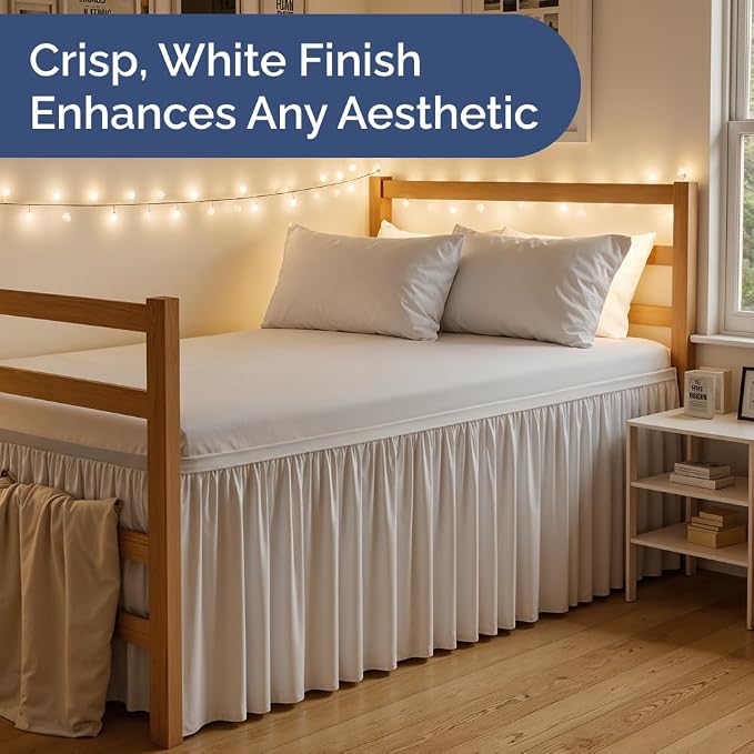 Dorm Room Bed Skirt Twin XL - College Dorm Room Essentials - White, 36 Inch | Extra Long Dust Ruffled College Bedskirt with Split Corners, Easy Fit Elastic Strap, Adjustable, Fade & Wrinkle Free