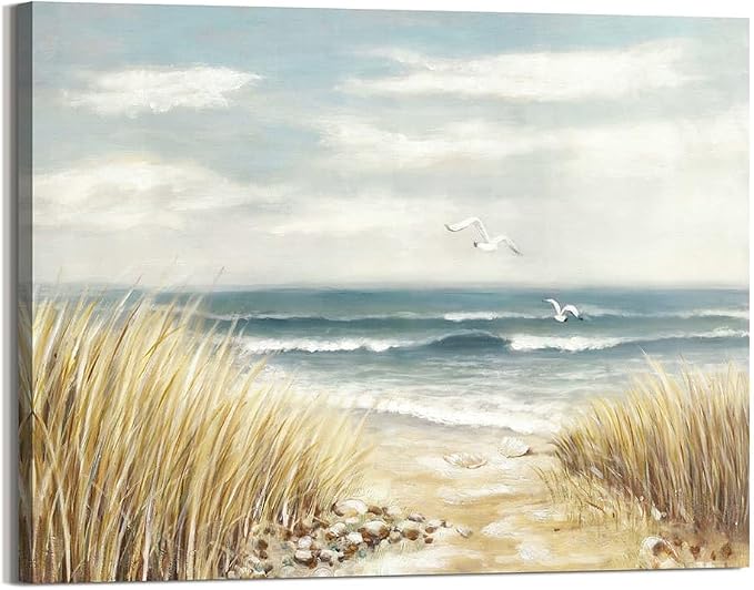 arttitue Beach Wall Art Canvas Bathroom: Ocean Coastal Picture Decor Sea Seascape Prints Modern Seaside Seashore Painting Waves Seagull Artwork for Bedroom Living Room Office Decorations, Blue