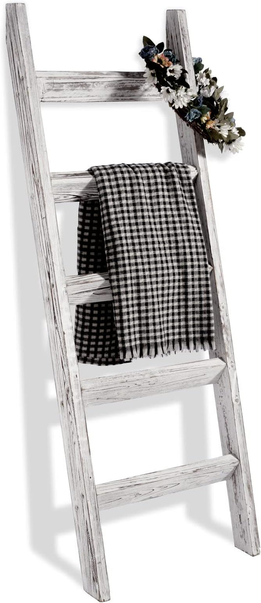FUIN Blanket Ladder, 5ft Angled rungs Rustic Solid Wood Decor Rack, White | 5 rungs, farmhouse quilt display rack, organize towel, leaning wall, bathroom and living room use, non-knocked down side rail