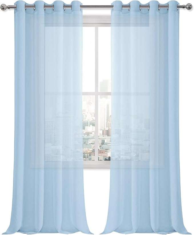 DWCN Sky Blue Faux Linen Sheer Curtains - Grommet Voile Semi Window Curtain Drapes for Bedroom Living Room 52 x 90 inches Long, Set of 2