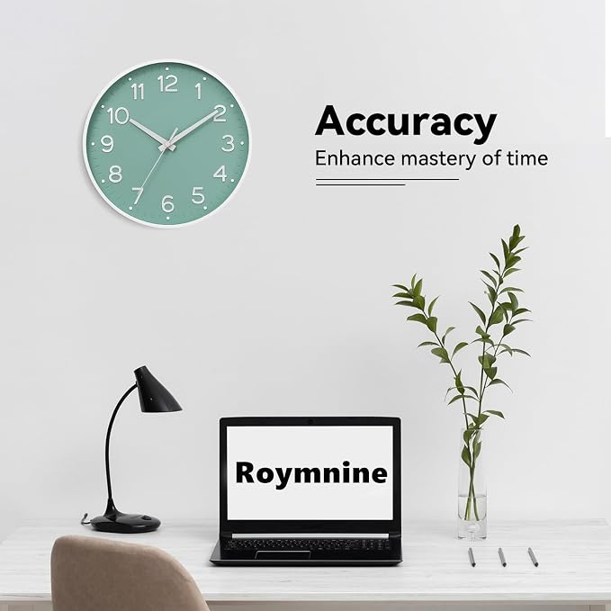 Roymnie 8 Inch Wall Clock, Battery Operated Silent Non Ticking Analog | Mint Green modern analog; large 3D easy-read dial for kitchen, office, bathroom & bedroom; 1 AA battery (not included)