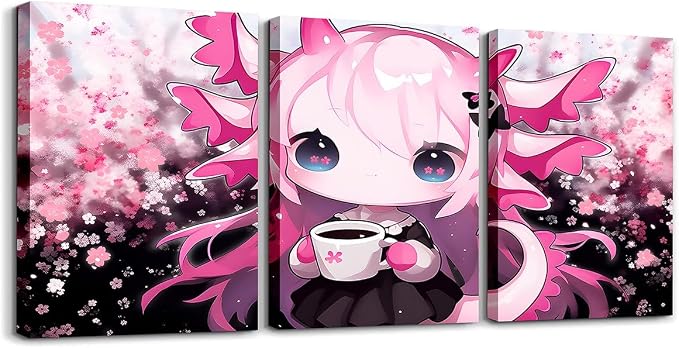 Feelyou Boys Girls Cute Pink Axolotl Picture Wall Decor Kawaii Animal Wall Painting Posters Glitter Canvas Wall Art for Living Room Bedroom Kids Cherry Blossoms Bathroom Wall Art 12"x16"x 3Pcs