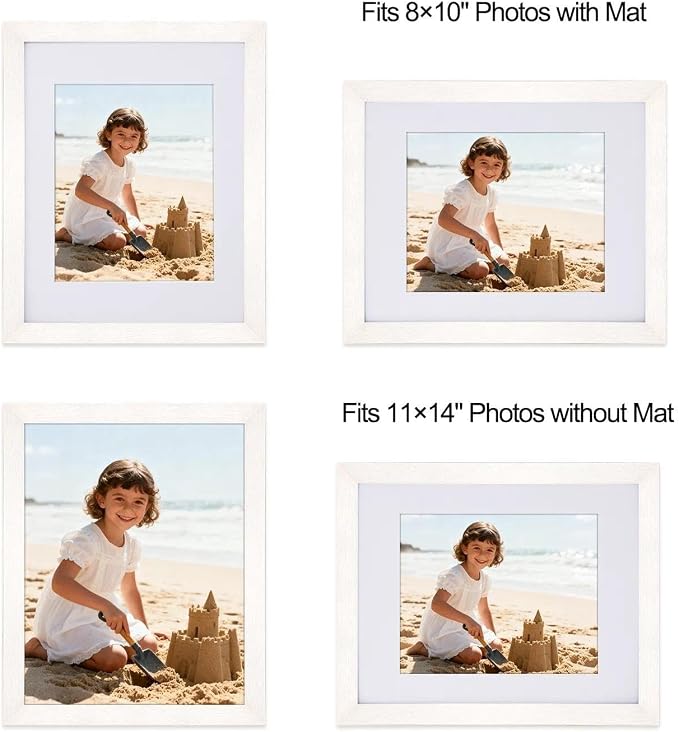 11x14 Picture Frame-White,8x10 Mat,Tempered Glass,Engineered Wood