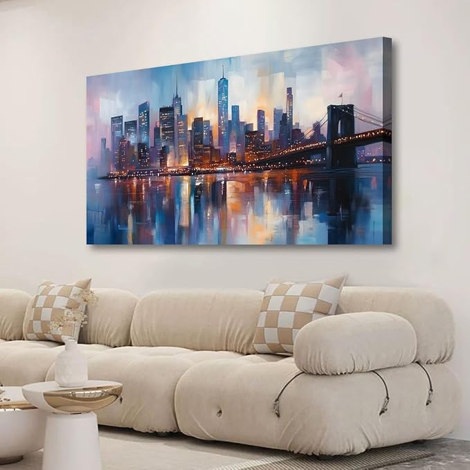 Abstraction Pictures Canvas Wall Art for Living room Office Bedroom Wall Decor,City Wall Art Print Paintings Modern Blue Great bridge Artwork Waterproof Ready to Hang-20x40inch