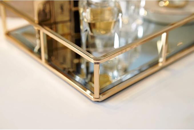 PuTwo Tray Mirror, Gold Dresser Ornate Tray Metal Decorative Tray Jewelry Perfume Organizer Makeup Tray for Vanity, Dresser, Bathroom, Bedroom