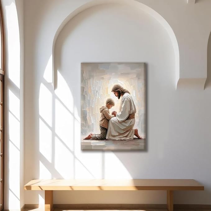 AUUAUU Jesus and Boy Praying Wall Art Christian Canvas Prints 16x24 Inches | Religious Painting Jesus and Children Picture Prints Artwork Christmas Wall Decor for Living Room Bedroom Ready to Hang