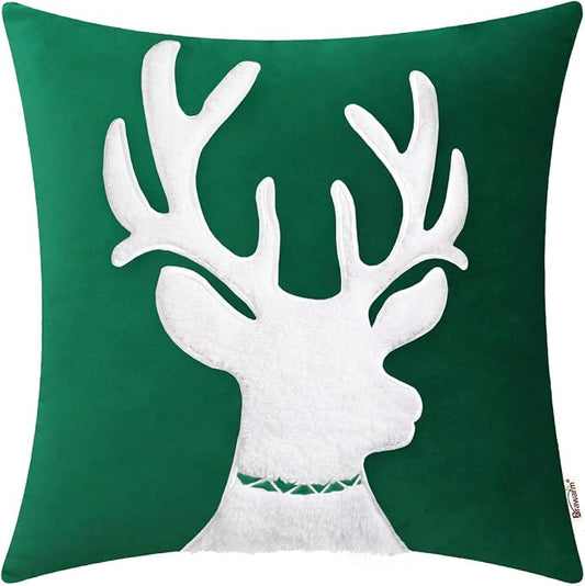 BRAWARM Christmas Pillow Cover 20 X 20 Inches, Christmas Green Reindeer Embroidered Pillow Cover, Soft Velvet Decorative Throw Pillow for Couch Bed Sofa Living Room Home