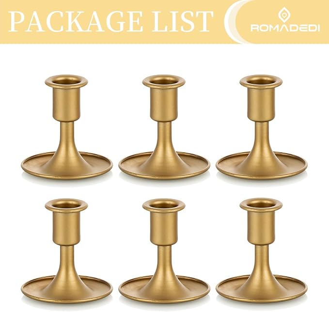 Candlestick Holders Taper Candle Holders, Romadedi Gold Candle Stick Candle Holder for Table Centerpiece, Wedding Reception, Festive Christmas Mantel Decoration or Home Decor, Set of 6 | for Standard Candlestick, Festive Table Centerpiece, Vintage Home...