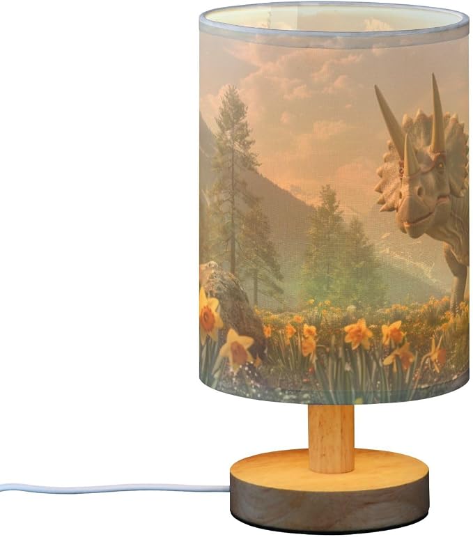 Bedside Lamp Dinosaur Mountain Table Lamp for Bedroom LED Nightstand Lamp Shade USB Ports Wood Base for Living Room Dorm Office
