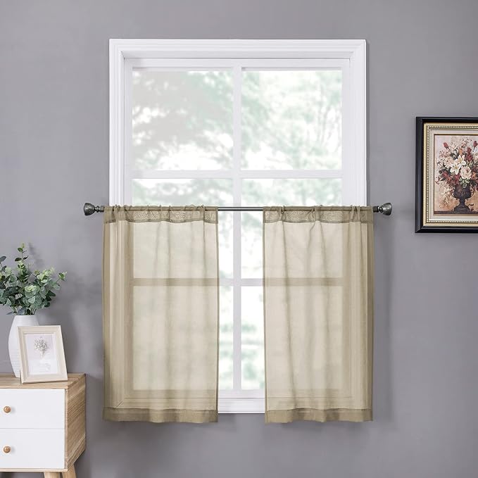 Tollpiz Sheer Tier Curtain Linen Textured Half Kitchen Curtains Sheer Light Filtering Rod Pocket Voile Small Curtains for Bathroom, 25 x 36 inches Long, Taos Taupe, Set of 2 Panels