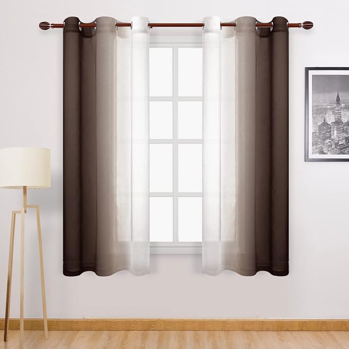 DWCN Brown Faux Linen Ombre Sheer Curtains - Gradient Semi Voile Curtains for Bedroom and Living Room, Set of 2 Grommet Top Window Curtain Panels, 42 x 63 Inches Long, Chocolate Brown