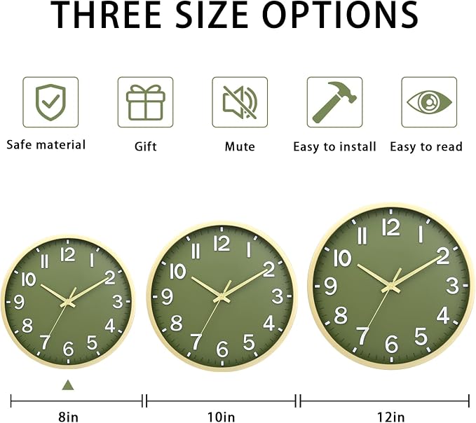 Wall Clocks Battery Operated 8 inch Modern Wall Clock,Silent Non Ticking Wall Clock for Living Room Bedroom Kitchen Office Classroom Decor (Green Gold)