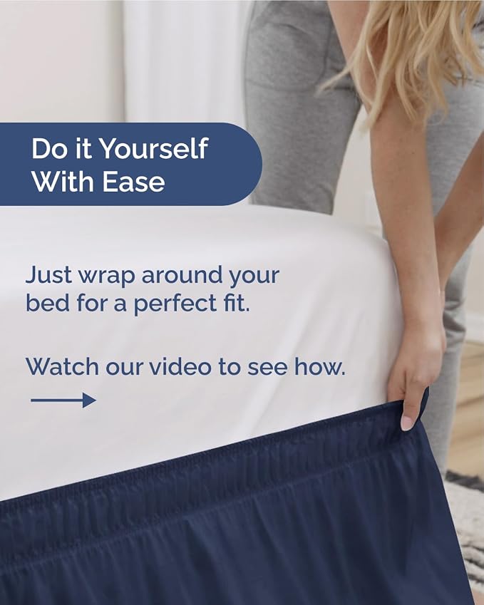 Wrap Around Dust Ruffle Bed Skirt, Queen Size - 15 Inch Drop, Navy Blue | Easy Fit Elastic Strap, Adjustable Pleated Bedskirt w/Brushed Fabric, Wrinkle & Fade Free, for Women, Men, Kids & Teens
