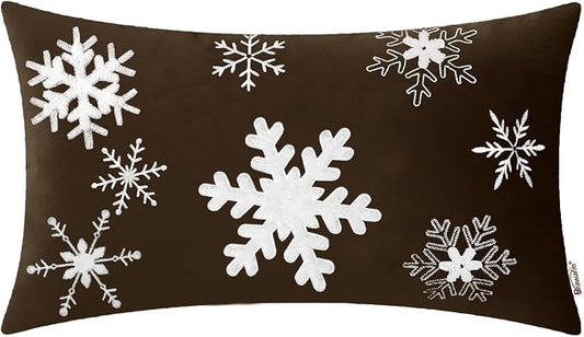 BRAWARM Christmas Pillow Cover 12 X 20 Inches, Coffee Snowflake Embroidered Lumbar Pillow Cover, Soft Velvet Decorative Throw Pillow for Couch Bed Sofa Living Room Home