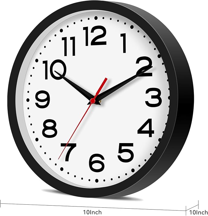 Roymnie 10 Inch Wall Clock, Battery Operated Silent Non Ticking Black | analog wall clock; bold numerals for easy reading; silent non-ticking; 1 AA battery (not included); for classroom