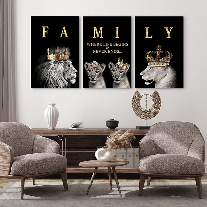 GUBIYU Family Where Life Begins Love Never Ends Word Sign Wall Decor,Black Gold Lion Art Home Decor Family Wall Art Decorations,Letters Quotes Posters for Living Room Bedroom Kitchen Decor 24"x36"