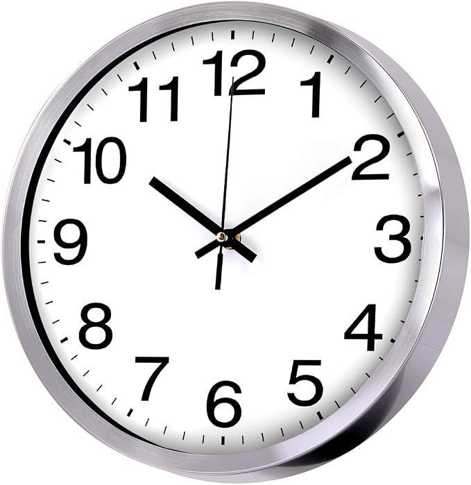 SIN&MI Wall Clock Metal Frame Glass Cover Non-Ticking Number Quartz Wall Clock 12inch Modern Quartz Design Decorative Indoor/Kitchen Silver