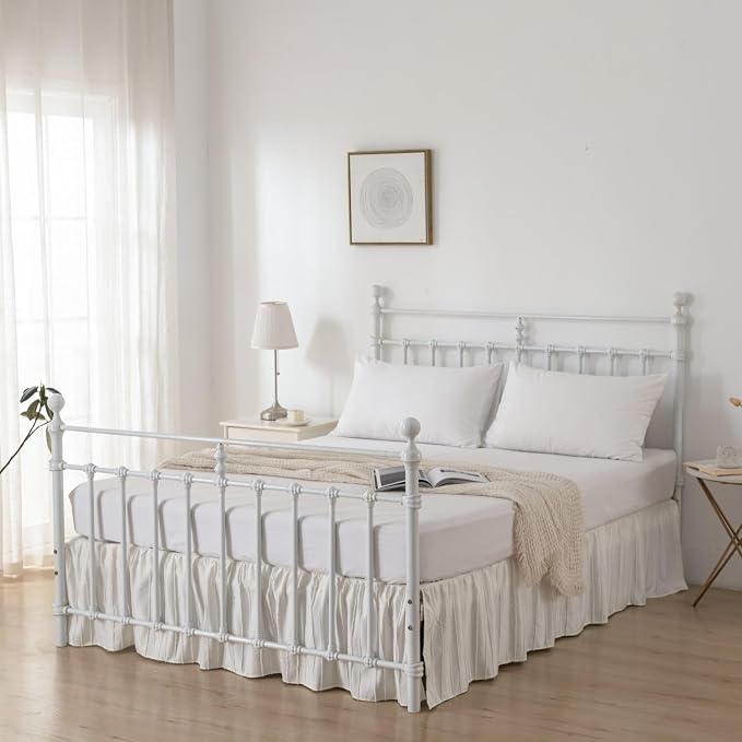 Bed Skirt King Size - Ruffled Bed Skirt - with Split Corners - Ivory | Striped Boho Tufted -16 Inch Drop Bedskirt with Platform-Soft Premium Hotel Quality - Easy Fit