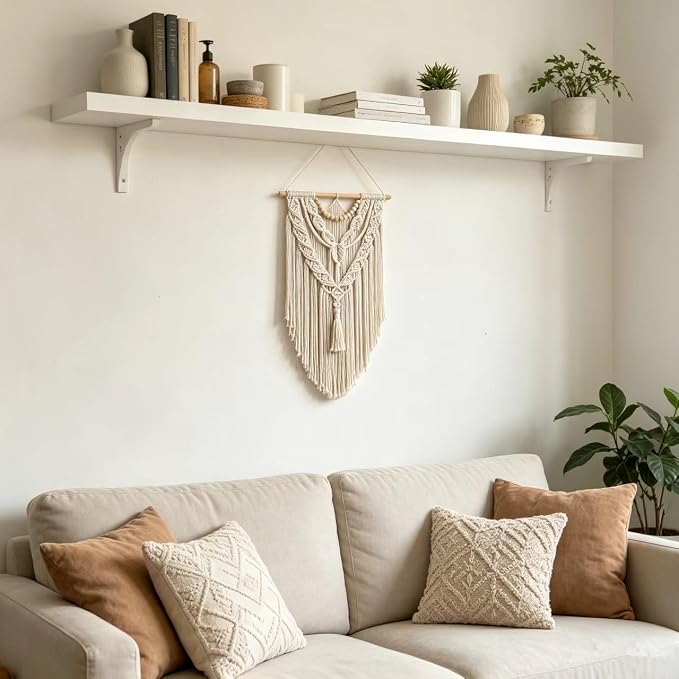 Macrame Wall Hanging Boho Geometric Woven Tapestry Cotton Handmade Bohemian Art Decor with Wood Bead Wall Decor for Bedroom Living Room Apartment Nursery 31.5" L x 17" W (Wood Bead-Y)