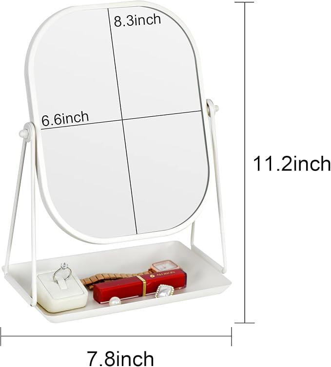 Tstarer Rotating Metal Makeup Mirror with Storage(White) | Vanity Mirror for Desk, Bathroom, Bedroom, Dressing Table