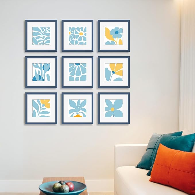 YESKAY 12x12 Picture Frame Set of 9, Photo Gallery Wall Frame Set, Display Pictures 8x8 with Mat or 12 x 12 Without Mat, Square Frame Picture Frames Collage Wall Decor, Blue