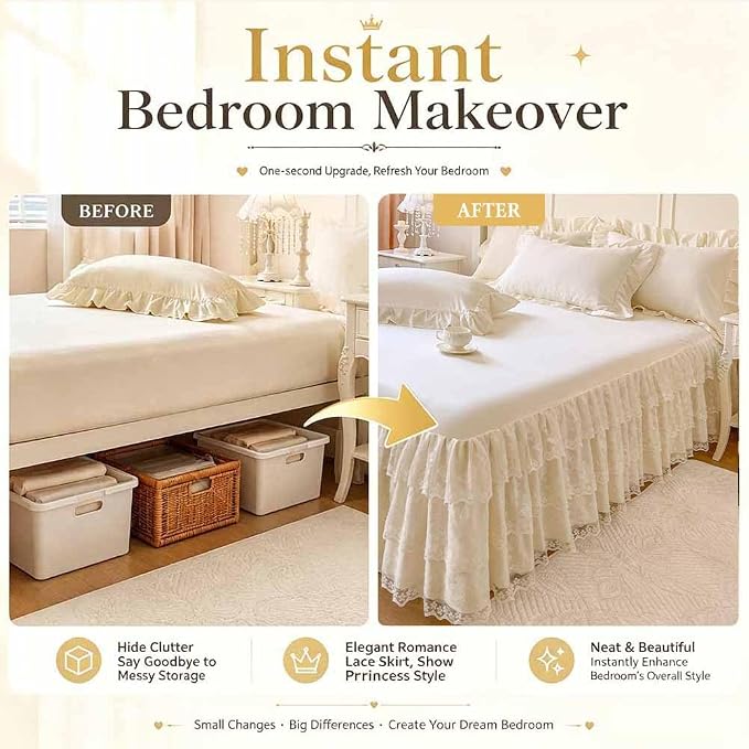 Lace Bed Sheet for Queen/King Bed - 17in. Drop, Easy Fit Ruffle Bedskirt Wrap Around Bed Skirt, Anti Wrinkle & Fade Resistant