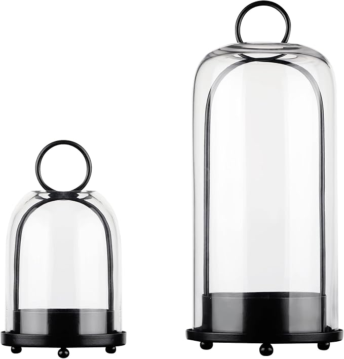 5" & 4" Wide Versatile Metal Candle Holder in Black with Handmade Thick, Heavy & Sturdy Glass Dome for Pillar Candle, Industrial, Modern, Shelf, Mantel, Veranda, Porch (Black, Large & Small)